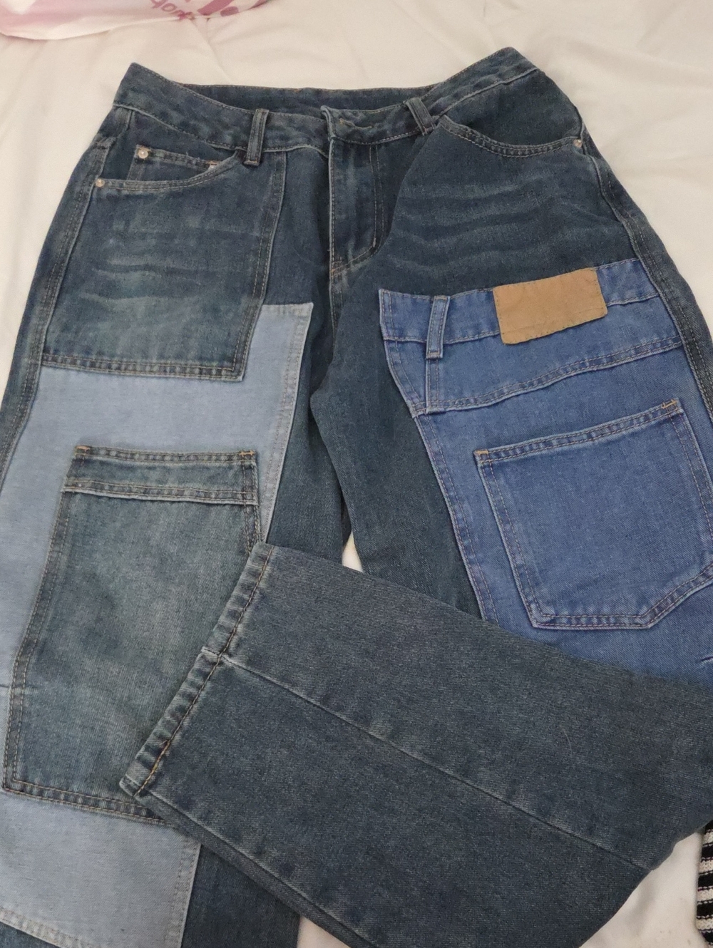 Women's Patchwork Boyfriend Jeans - Blue Denim